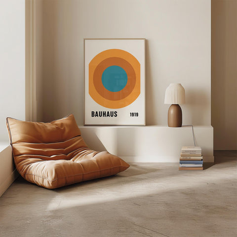 Minimalist abstract print with orange and blue circles