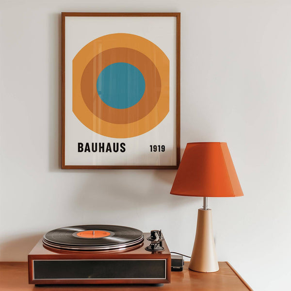 Bauhaus Circle Poster with orange and blue tones.