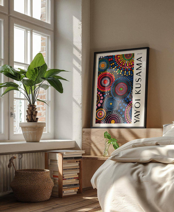 Repetitive pattern in 1977 Yayoi Kusama mandala art for wall