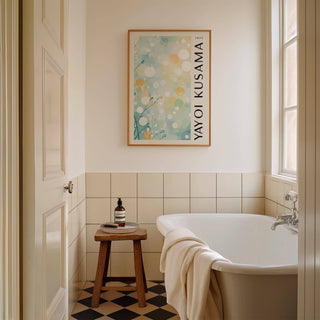 1977 Kusama artwork featured in modern light blue wall decor for  bathrooms