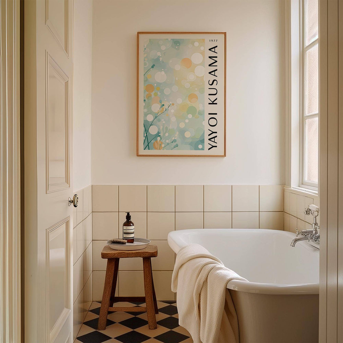 1977 Kusama artwork featured in modern light blue wall decor for  bathrooms