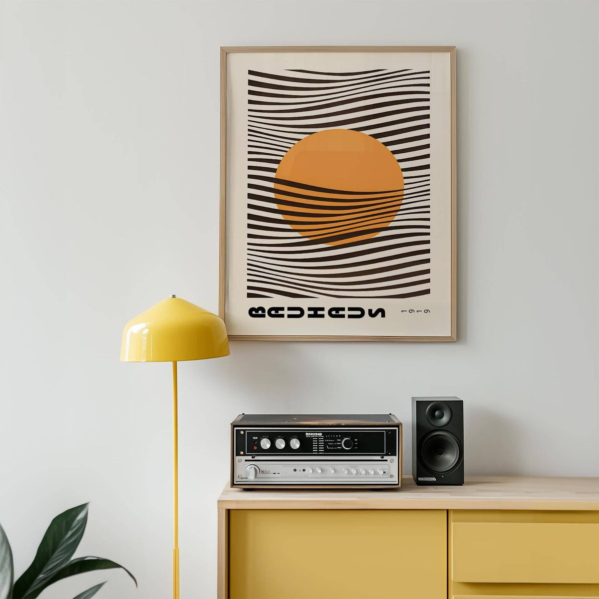 Geometric bauhaus print with warm orange tones for bedroom wall art