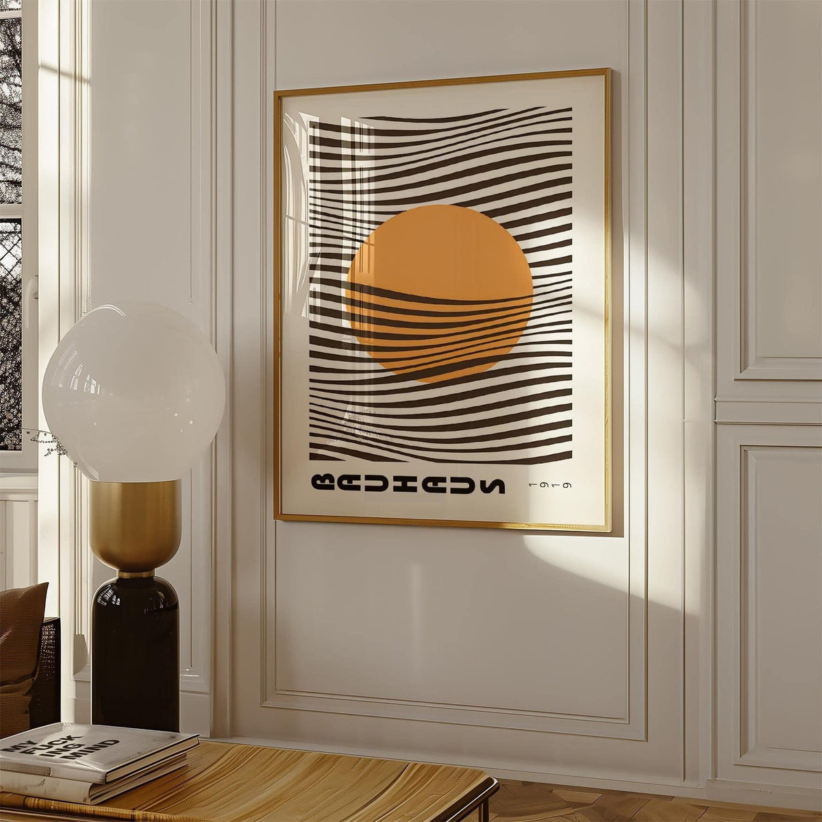 Black wavy line bauhaus print with orange accent for bedroom styling