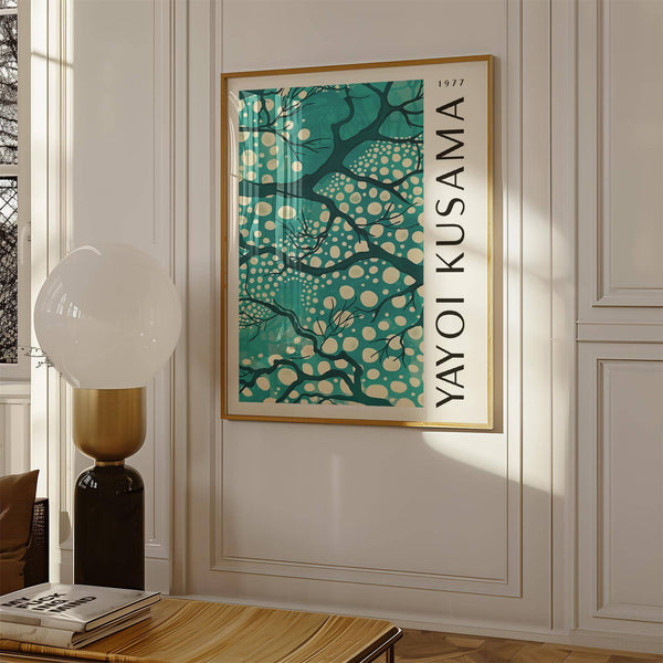 Living room teal wall art with abstract botanical motifs and dotted detail