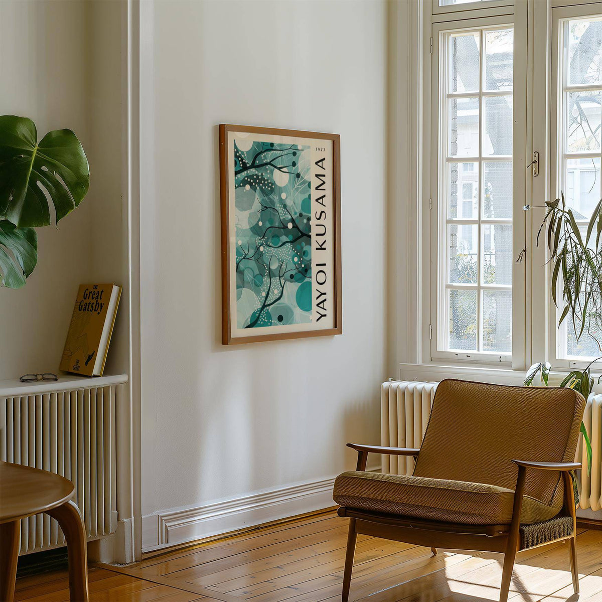 Fluid dots and branches in contemporary wall art with teal colors