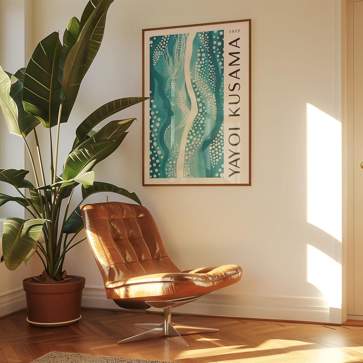 Kusama-style abstract picture with teal movement for contemporary walls