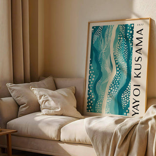 Wavy abstract art print with white dots and teal accents