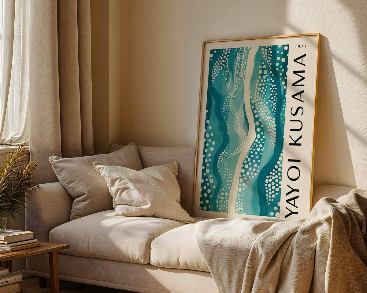 Wavy abstract art print with white dots and teal accents