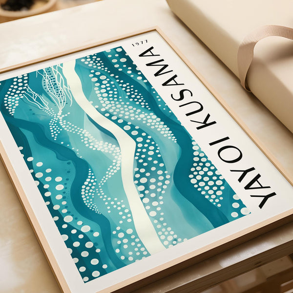 Decorative abstract picture in teal inspired by Kusama’s 1977 work