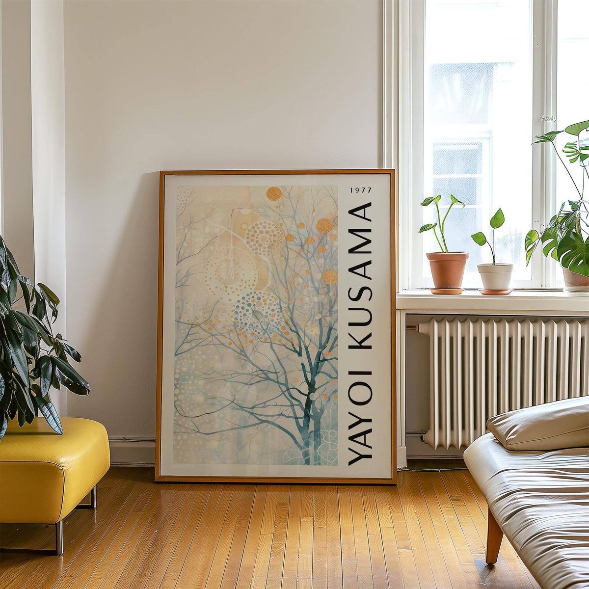 Minimalist living space featuring abstract sitting room art