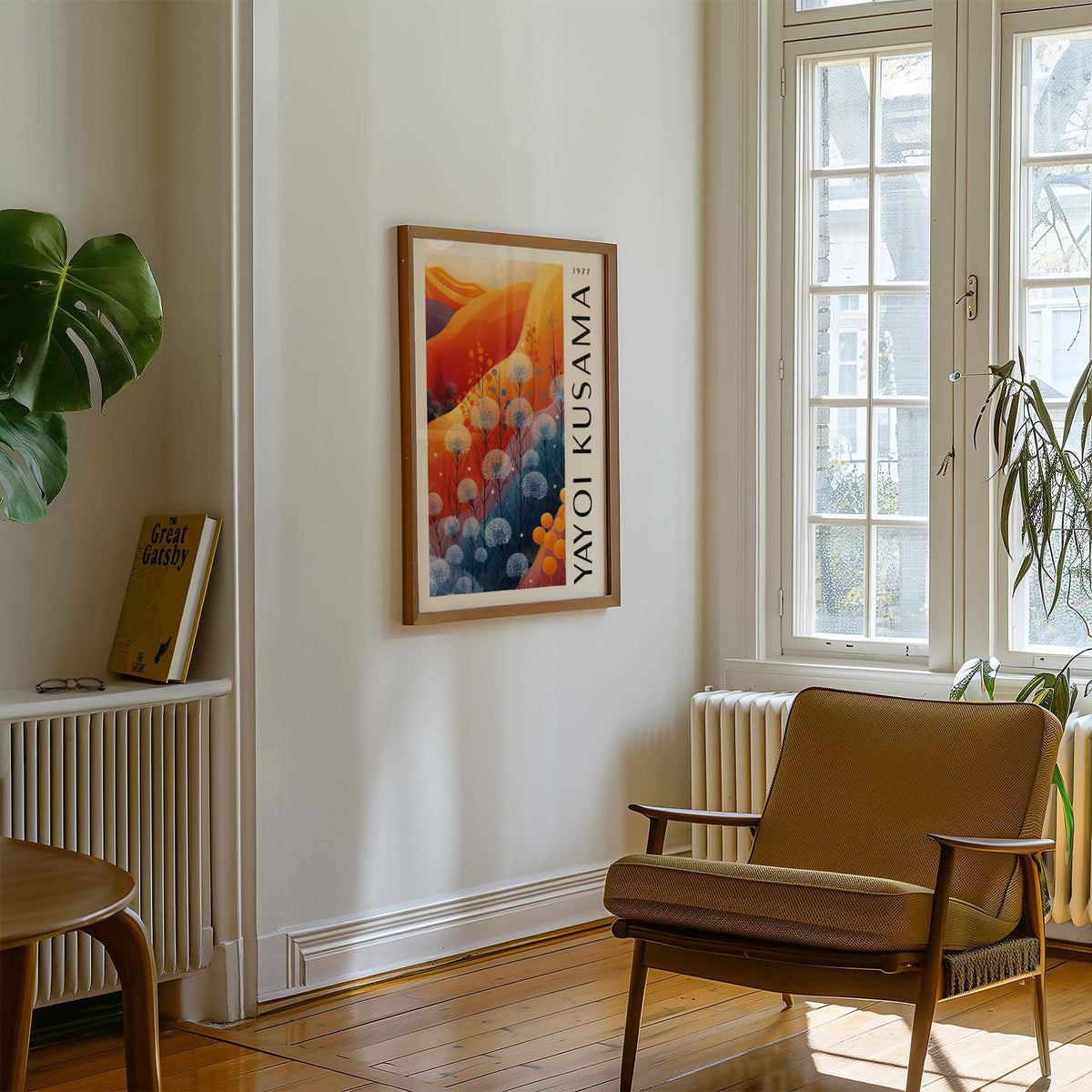 Eclectic blue orange wall decor with abstract floral shapes for modern interiors