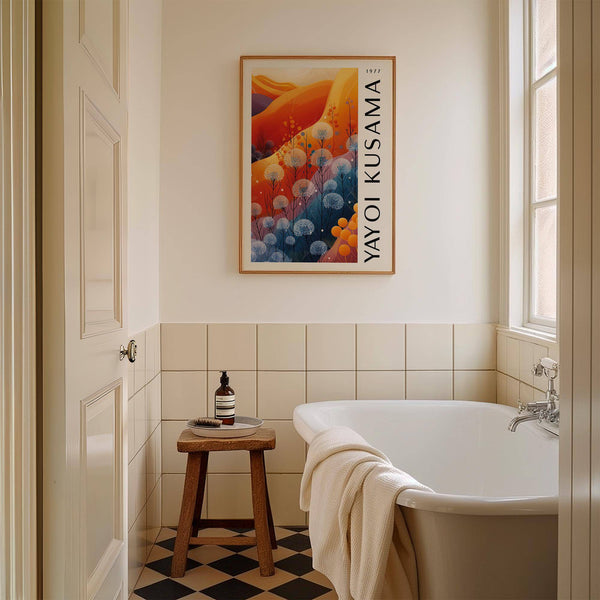 Expressive floral blue orange wall decor with dotted textures