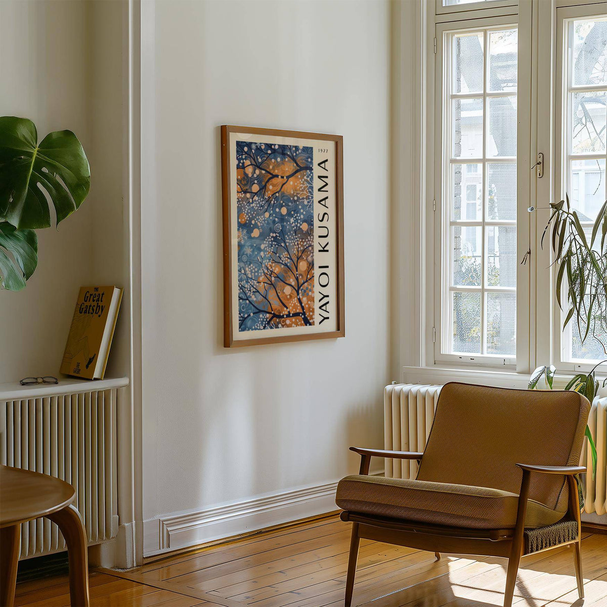 Deep blue and gold wall art for living room with nature-inspired design