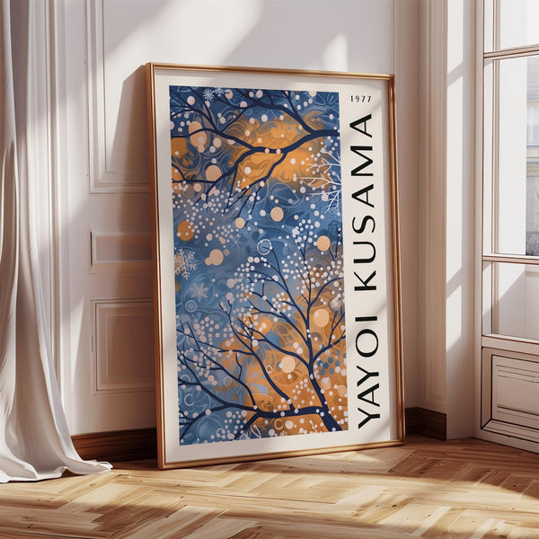 Celestial Kusama-style blue wall art for living room with abstract branches