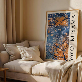 Abstract blue wall art for living room with shimmering golden contrasts