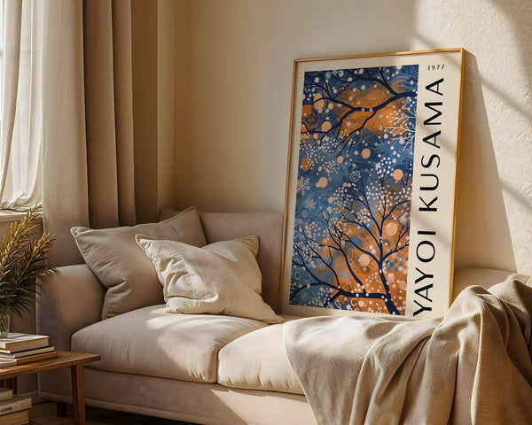 Abstract blue wall art for living room with shimmering golden contrasts