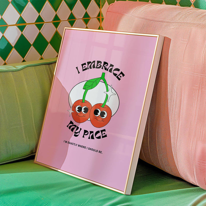 Wall Art for Dorm framed print of an illustrated pair of cherries with text leaning against pink cushions