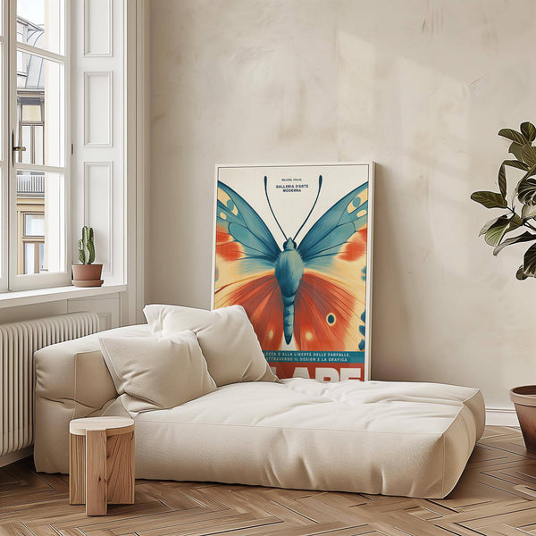 Vintage butterfly exhibition artwork featuring bold, colourful design and Italian style.