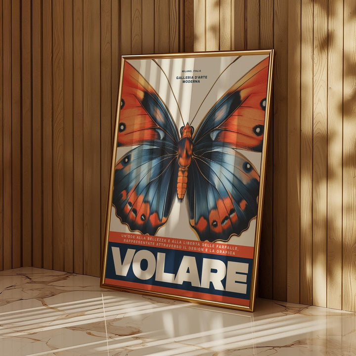 Italian Art Prints framed print of a blue and orange butterfly leaning against wood panelled wall