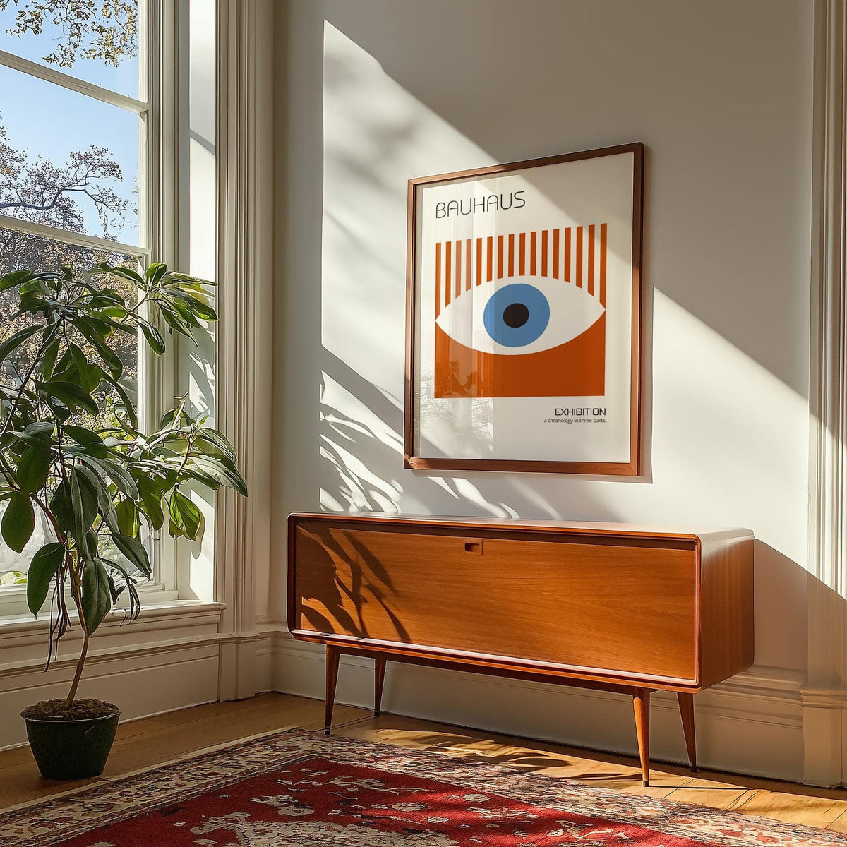 Bauhaus posters with warm terracotta and cool blue tones