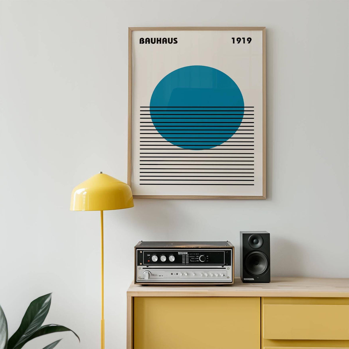 Horizontal black lines on blue circle minimalist art print