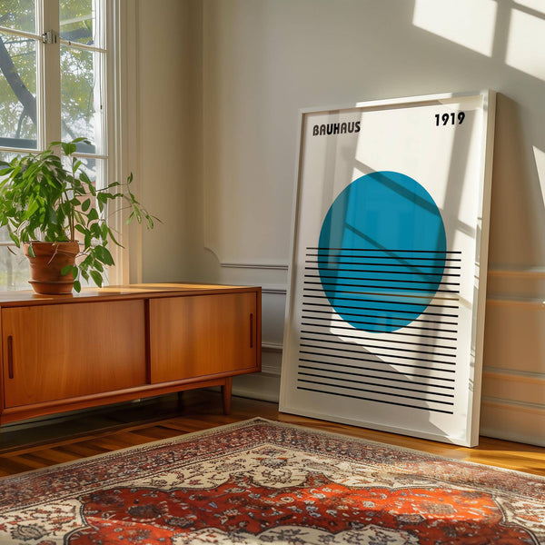 Modern home office featuring blue geometric minimalist art