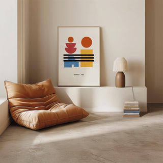 Living room wall with framed Bauhaus minimalist art print