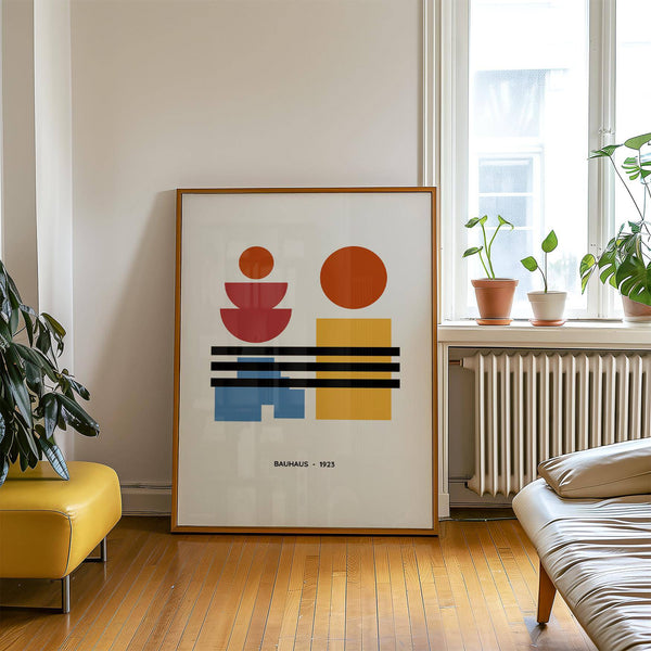 Office decor using minimalist art inspired by 1923 Bauhaus design