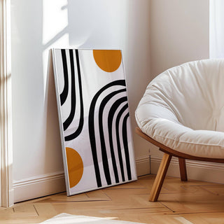 Modern bedroom featuring orange and black wall art poster