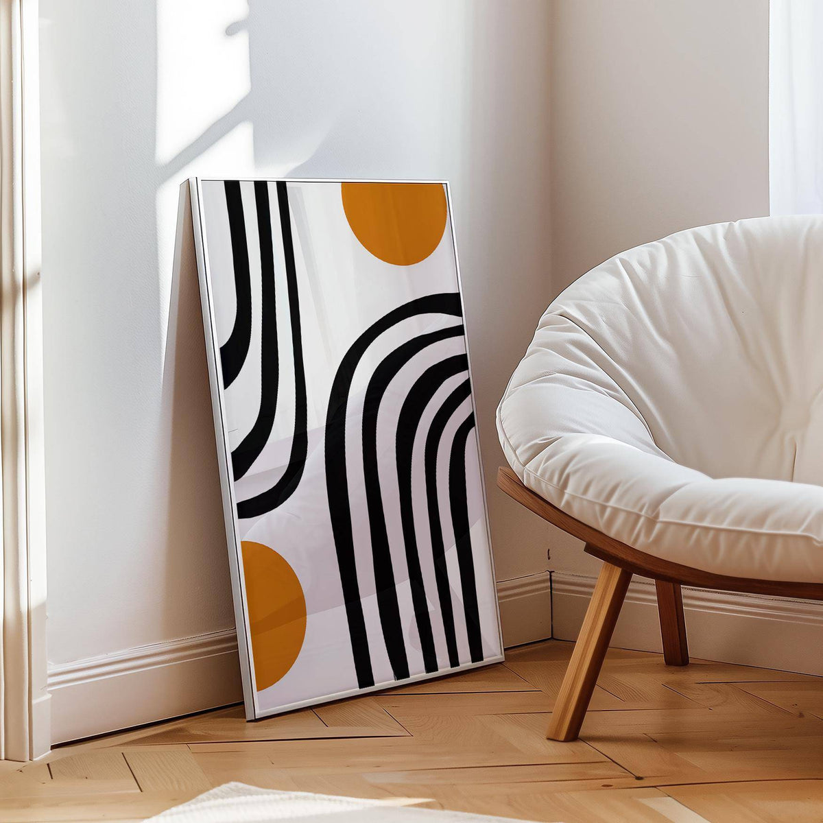 Modern bedroom featuring orange and black wall art poster