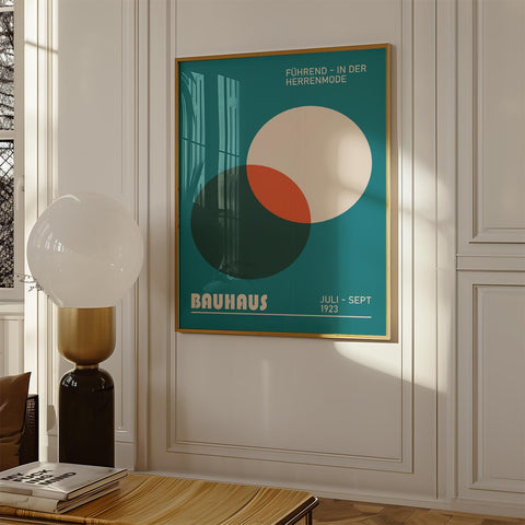 Bauhaus exhibition poster with teal and orange circles