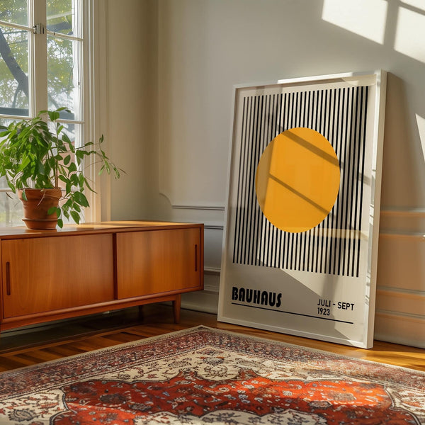 Vertical stripe and sun design used as professional office wall art in a home office