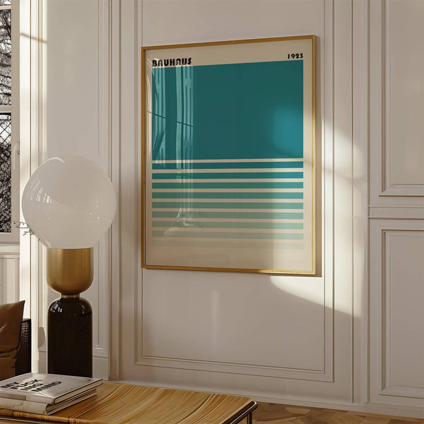 Minimalist teal blue gradient wall art with geometric stripes