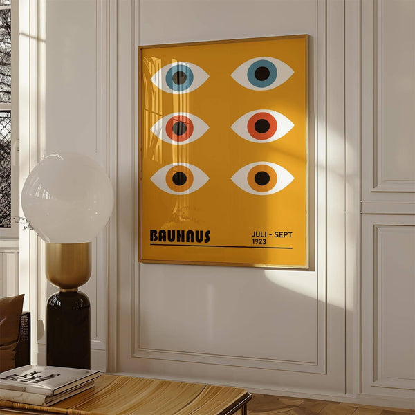 Bauhaus eye poster in blue, red, and orange hues