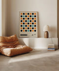 Retro wall art with black, orange, and teal dots