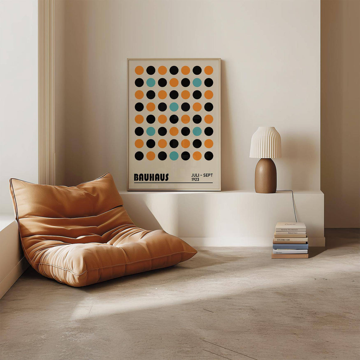 Living room featuring geometric wall decor with mid-century vibes