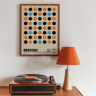 Close-up of bold circle pattern in Bauhaus geometric wall decor