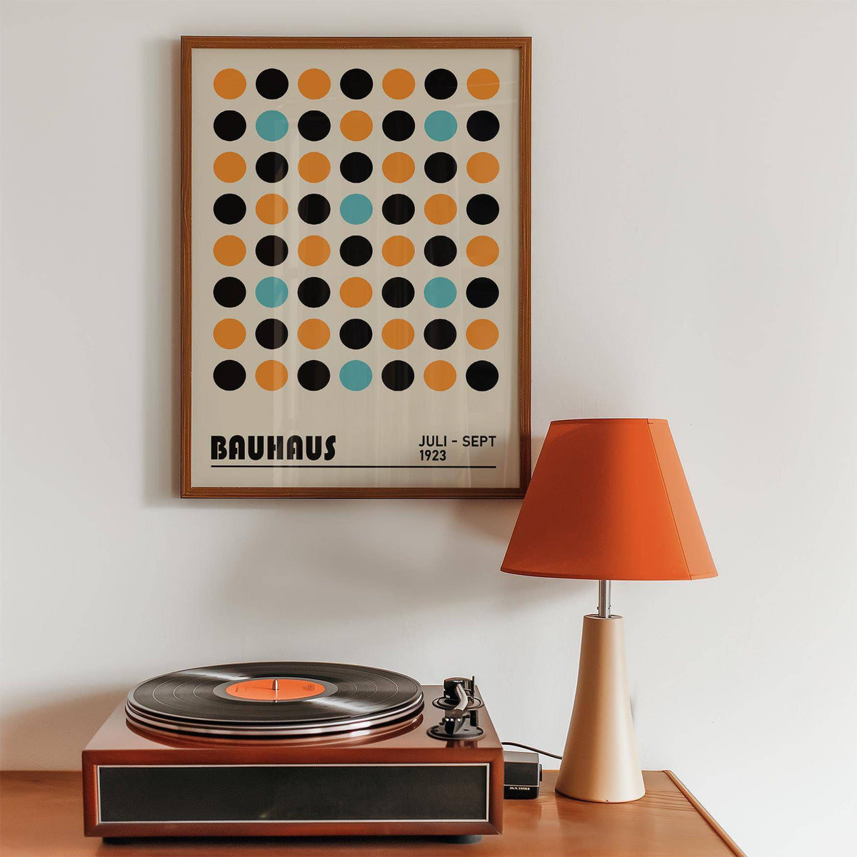 Close-up of bold circle pattern in Bauhaus geometric wall decor