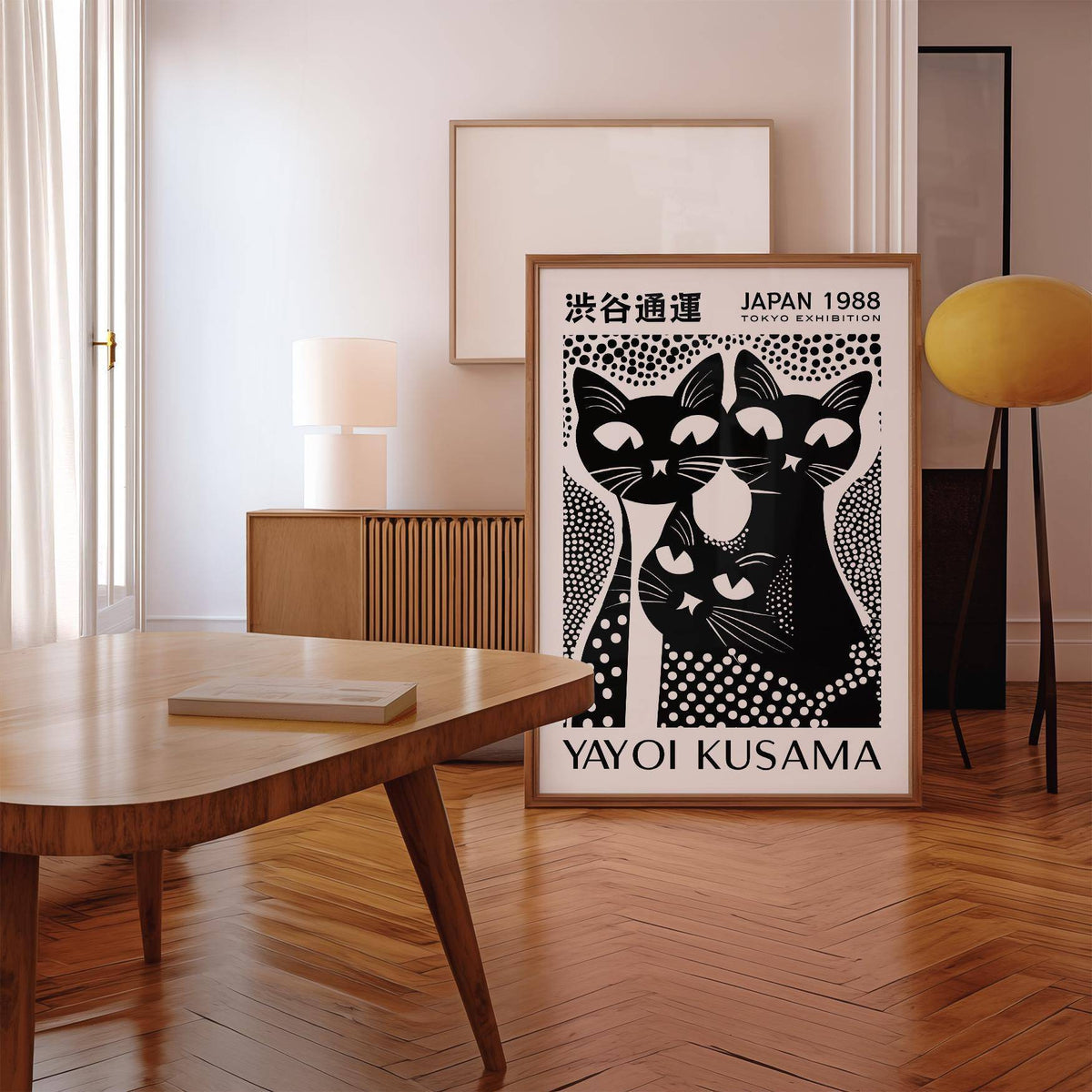 Unique black cat poster art inspired by Yayoi Kusama