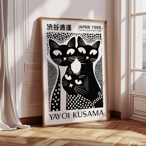 Artistic cat poster inspired by Yayoi Kusama for unique room accents
