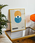 Bauhaus geometric eye poster with bold yellow and blue design
