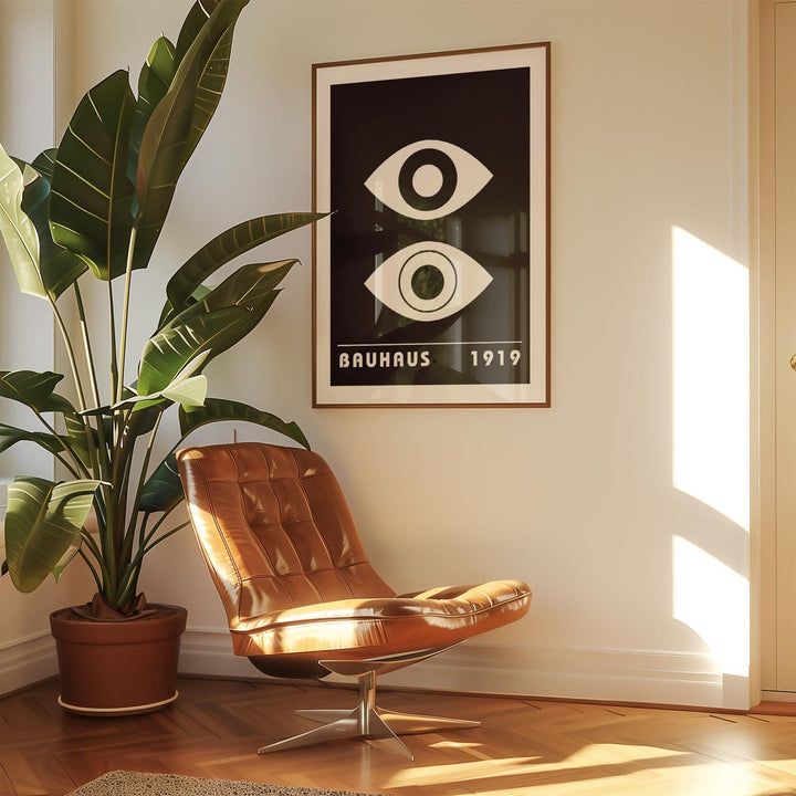 Eye Art print with abstract white eyes in a black background framed on a cream wall next to a leather chair and plant
