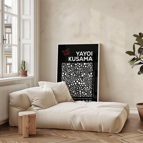 Bold black and white wall art with Kusama&#39;s polka dot design