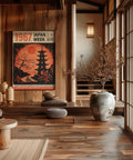 Japandi wall art featuring a Japanese pagoda and serene moon scene.