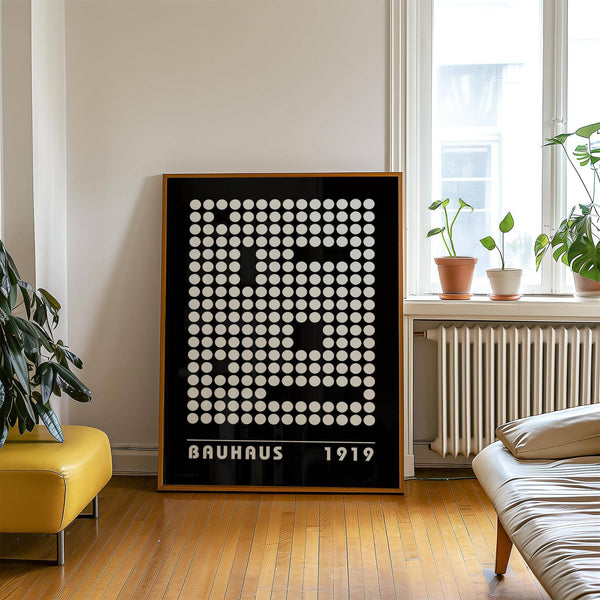 Digital wall art with bold black-and-white dot patterns