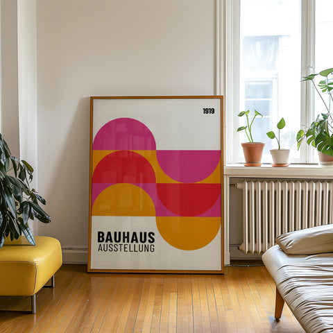 Modern Bauhaus poster with bold pink and orange design