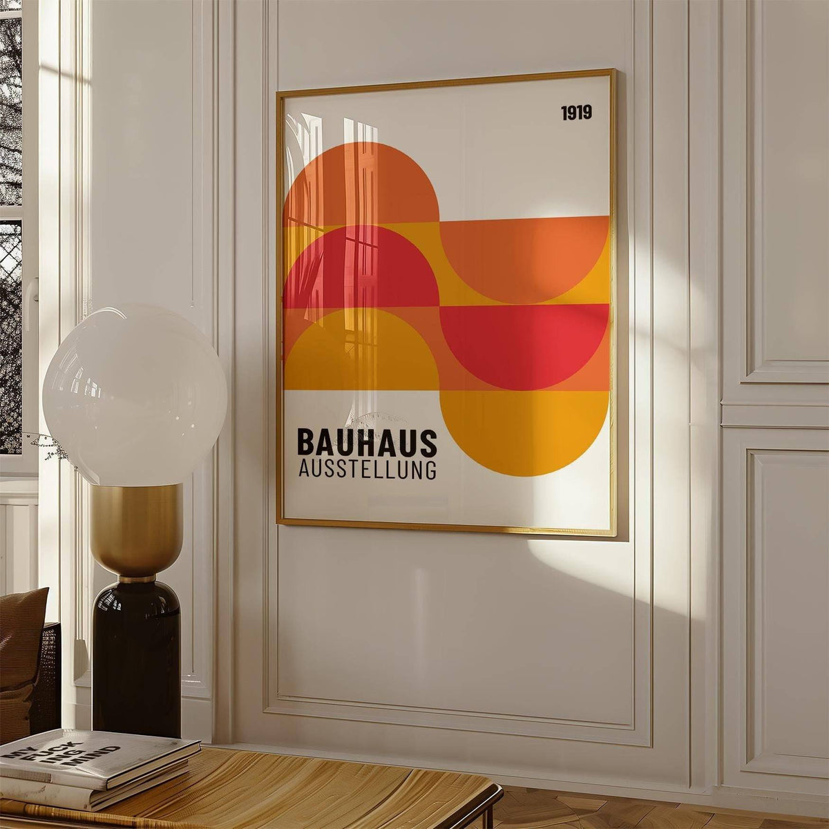 Geometric inexpensive artwork in bold red and yellow for minimalist interiors