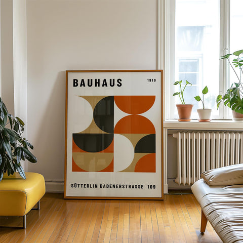 Retro Bauhaus wall art with warm orange and gold shapes