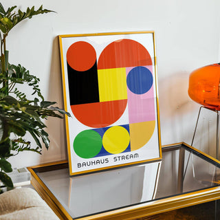 Geometric wall decal with red, yellow, blue, green, and pink shapes