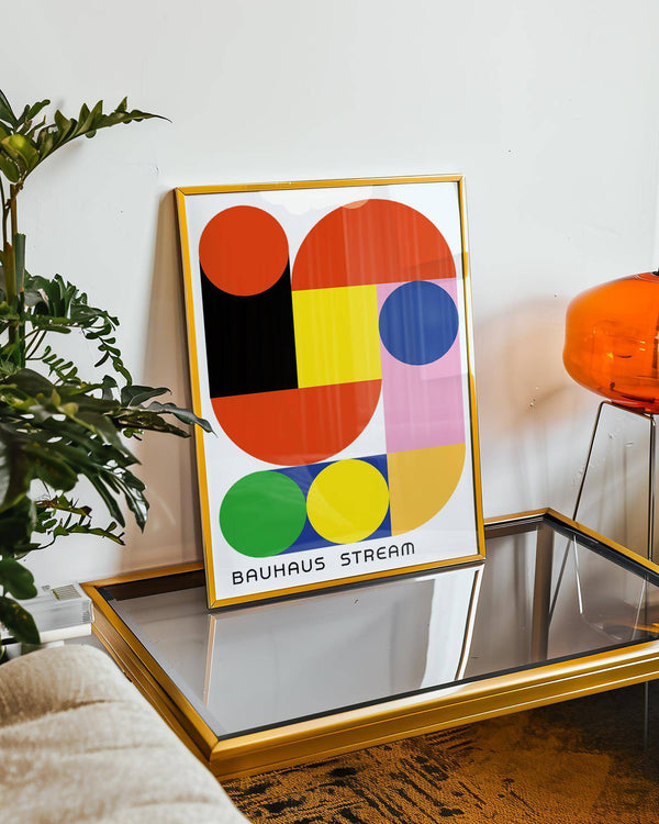 Geometric wall decal with red, yellow, blue, green, and pink shapes